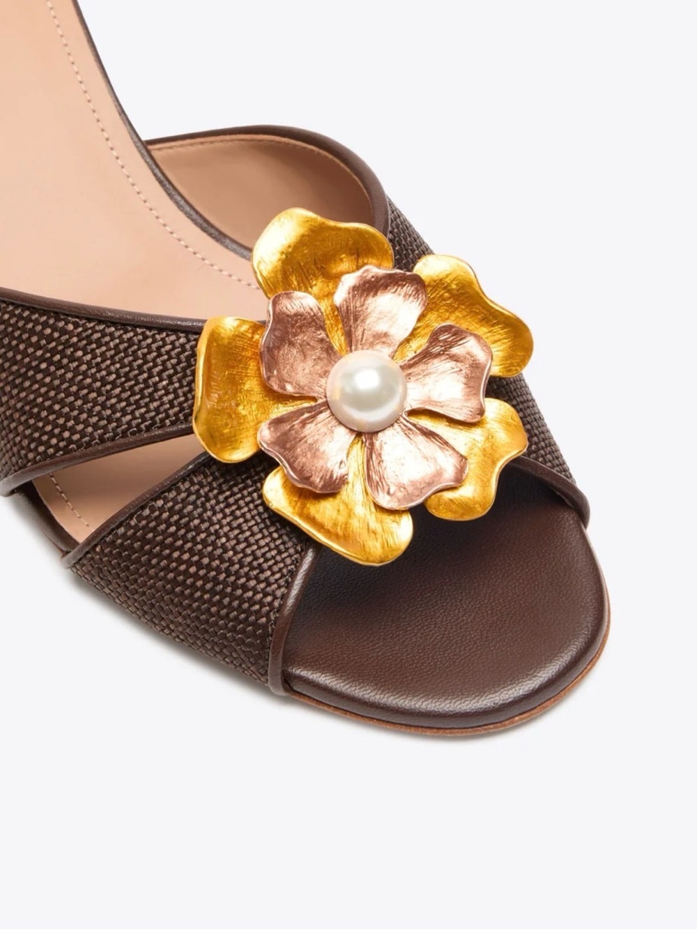 Malone Souliers Brown Slide with Gold and Rose-Gold Floral Accent